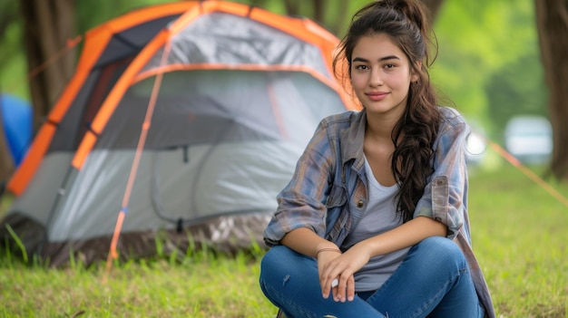 Ragazza affascinante che si diverte a campeggiare in un bellissimo paesaggio all'aperto con illuminazione naturale