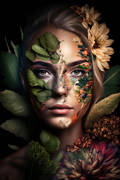 Очаровательная молодая женщина с лицом, украшенным зелеными растениями и яркими цветами AIGenerated