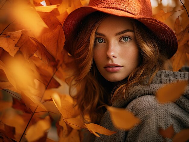 Foto una giovane donna affascinante con occhi sorprendenti avvolti in foglie d'autunno che indossa un cappello arancione e un maglione accogliente