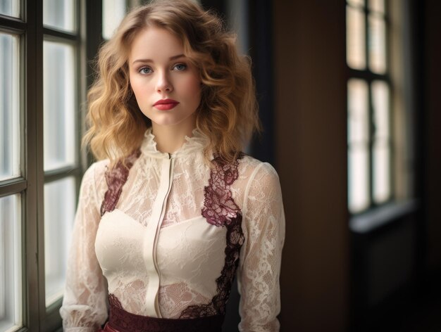 Captivating young woman with wavy golden hair stands by vintage windows dressed in intricate lace attire