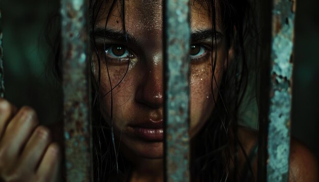 Captive gaze closeup of woman behind bars