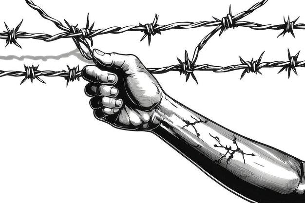 Photo captivitys grip hand in barbed wire black and white drawing