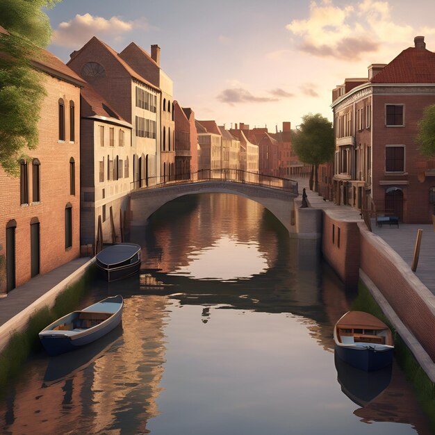 Capture the architectural details of a historic canal district with narrow waterways and picturesq