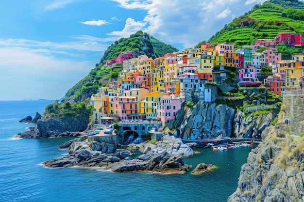 Photo capture the aweinspiring beauty of a vibrant village perched high above the ocean on a picturesque cliff a colorful coastal town at the foot of a mountain ai generated