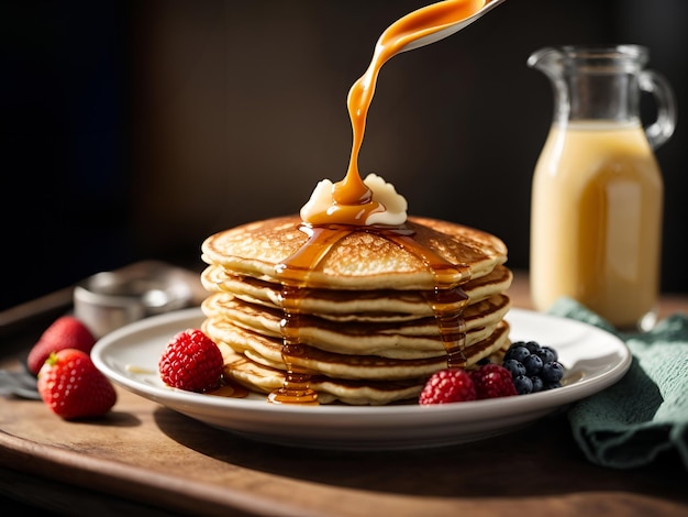 クラシックなアメリカの朝食の美しさを高く積み重ねられたふわふわのパンケーキの8K画像で捉えなさい