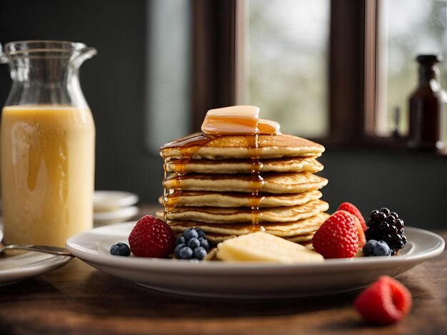 Capture the beauty of a classic American breakfast with an 8K image of fluffy pancakes stacked high