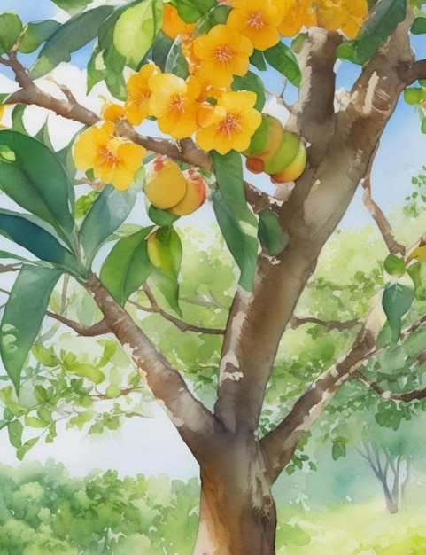 Capture the beauty of a summer day with a detailed watercolour painting of a mango pineapple
