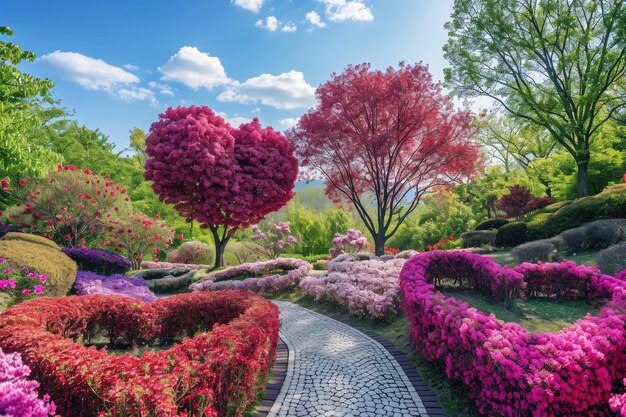 Capture the beauty of a vibrant garden as a pathway winds its way through an array of colorful flowers A garden with trees and flowers shaped as hearts AI Generated