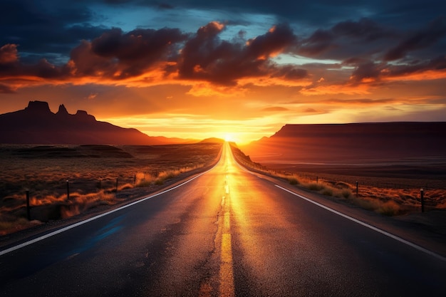 Запечатлейте захватывающую дух красоту бесконечного путешествия с длинной дорогой и завораживающим закатом на заднем плане. Открытая дорога, которая исчезает в потрясающе красивом восходе солнца. Сгенерировано AI.