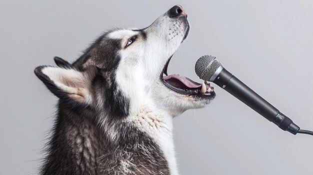 capture the charm of a husky dog singer delivering a creative performance to a microphone on a white