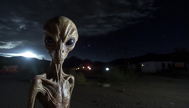 Photo capture a chilling and captivating image of a scary alien creature near area 51 the topsecret us