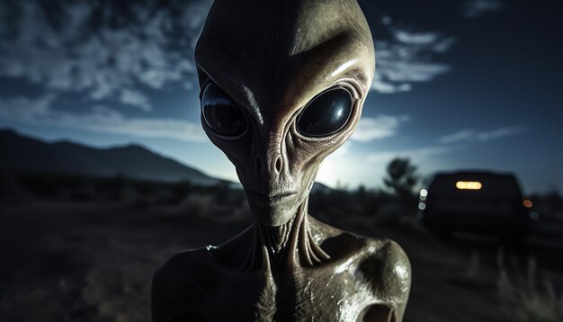 Photo capture a chilling and captivating image of a scary alien creature near area 51 the topsecret us