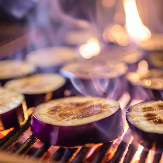 Capture a closeup of thinly sliced eggplant grilling on an open flame