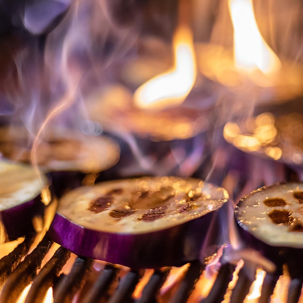 Capture a closeup of thinly sliced eggplant grilling on an open flame