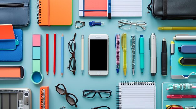 Capture a collection of office supplies arranged neatly