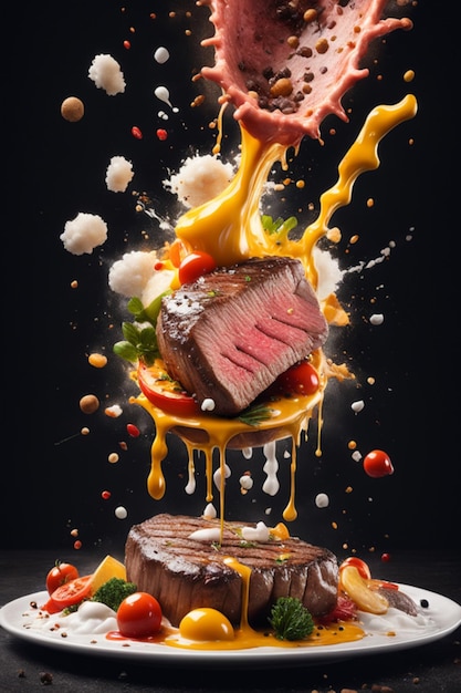 Photo capture dynamic splashes of food in a flying food photography with a steak as the main subject