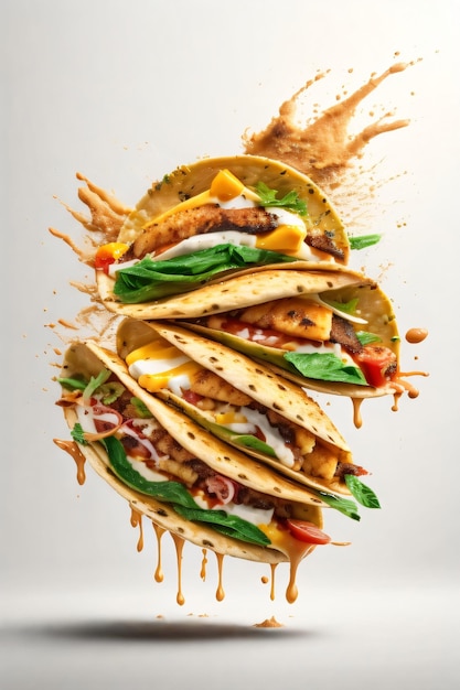 Capture dynamic splashes of food in a flying food photography with three tacos as the main subject