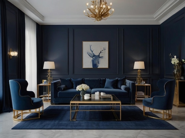 Capture the elegance and sophistication of a dark blue room adorned with minimalist dcor where eac