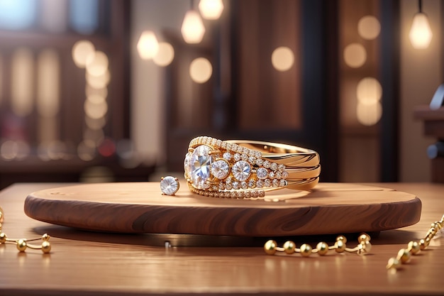 Capture the elegance of a wooden board against a defocused jewelry store