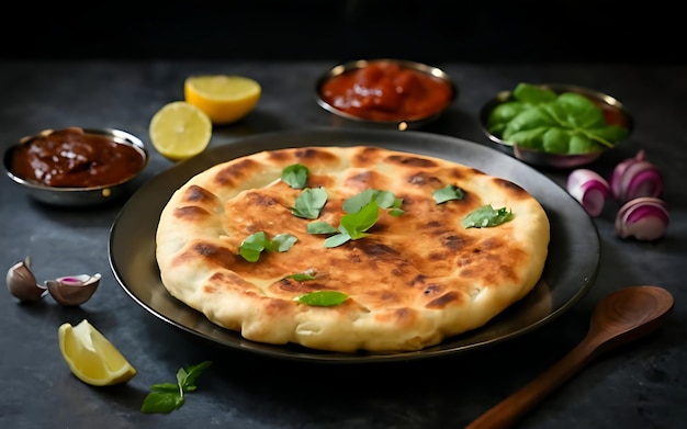 Photo capture the essence of amritsari kulcha in a mouthwatering food photography shot
