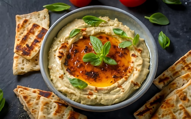 Photo capture the essence of baba ghanoush in a mouthwatering food photography shot