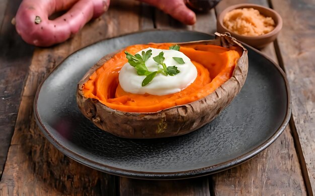 Capture the essence of Baked Sweet Potato in a mouthwatering food photography shot