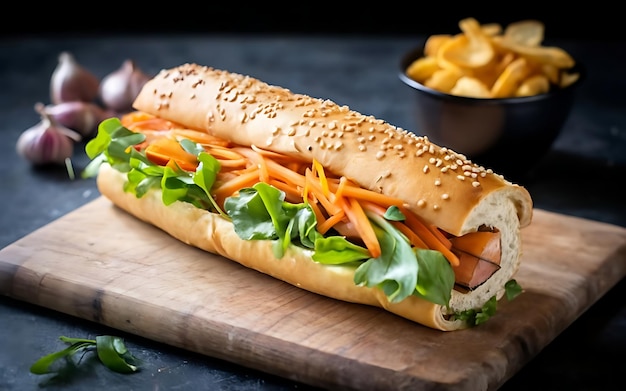 Capture the essence of Banh Mi Thit in a mouthwatering food photography shot