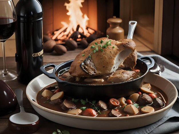 Photo capture the essence of coq au vin in a mouthwatering food photography shot