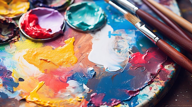 Capture the essence of creativity with this closeup shot of an artist's paint palette featuring a captivating mix of vibrant colors and textures