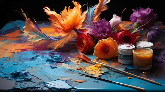 Foto cattura l'essenza della creatività con questo primo piano della palette di vernici di un artista con un affascinante mix di colori e texture vibranti