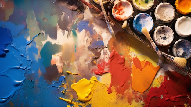 Capture the essence of creativity with this closeup shot of an artist's paint palette featuring a captivating mix of vibrant colors and textures