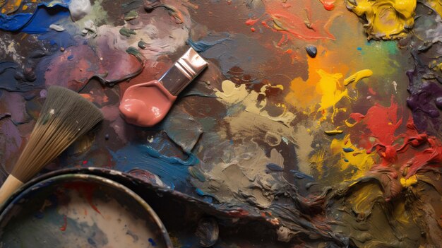 Capture the essence of creativity with this closeup shot of an artist's paint palette featuring a captivating mix of vibrant colors and textures