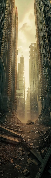 Capture the essence of dystopian literature with a lowangle view showcasing a desolate futuristic cityscape Emphasize the contrast between towering skyscrapers and eerie silence