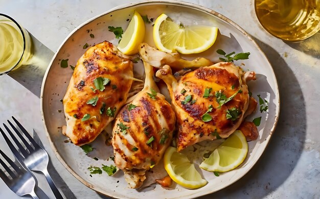 Photo capture the essence of greek lemon chicken and potatoes in a mouthwatering food photography shot