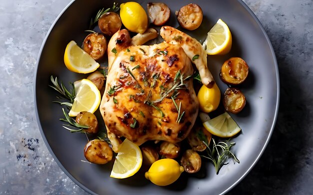 Photo capture the essence of greek lemon chicken and potatoes in a mouthwatering food photography shot