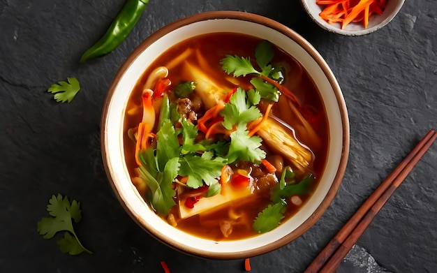 Photo capture the essence of hot and sour soup in a mouthwatering food photography shot