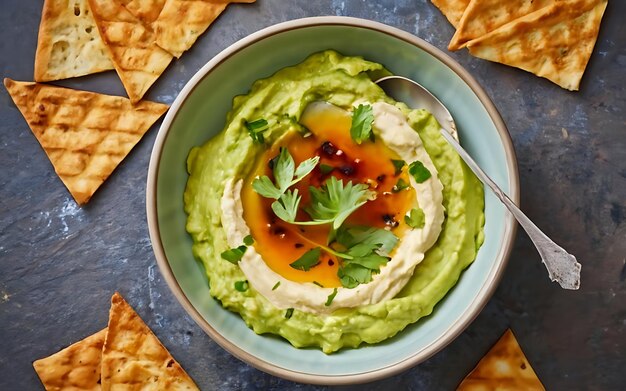 Foto cattura l'essenza dell'hummus in una foto di cibo deliziosa