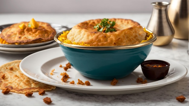 Photo capture the essence of indian cuisine with a vibrant stock photo featuring goldenbrown bhature plac