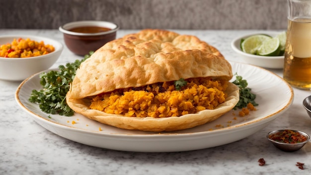 Photo capture the essence of indian cuisine with a vibrant stock photo featuring goldenbrown bhature plac