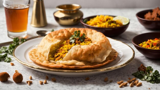 Capture the essence of Indian cuisine with a vibrant stock photo featuring goldenbrown Bhature plac