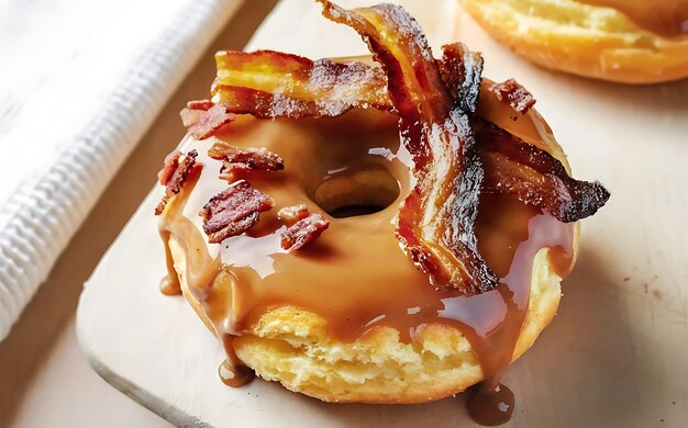 Foto cattura l'essenza di maple bacon donut in un'affascinante ripresa fotografica di cibo