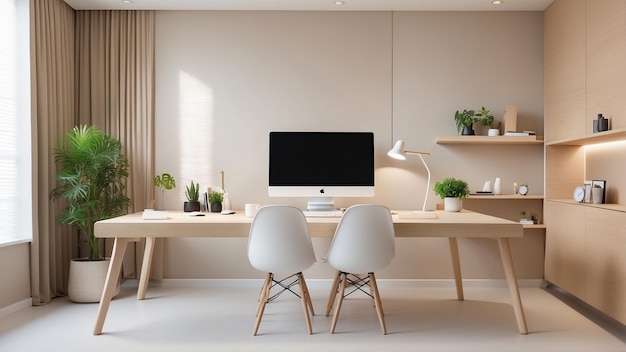Capture the essence of a minimalistic small office interior emphasizing clean lines neutral color