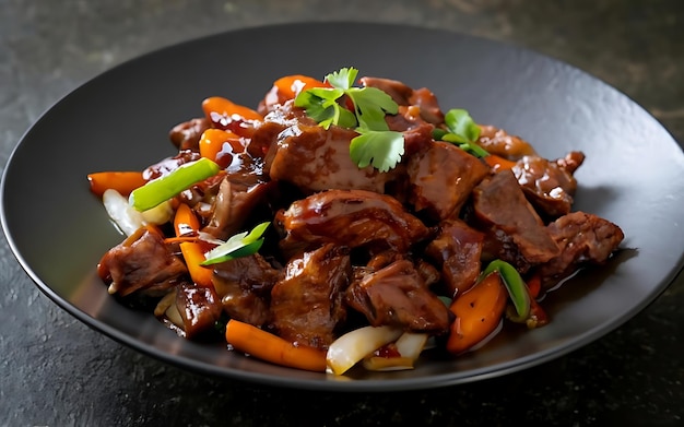 Photo capture the essence of mongolian beef in a mouthwatering food photography shot