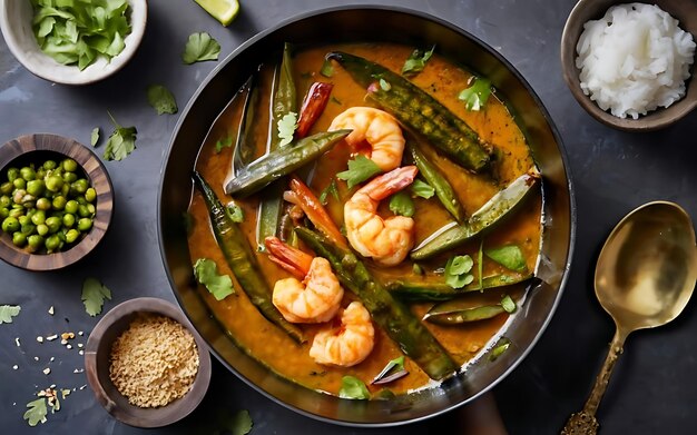 Photo capture the essence of okra and shrimp curry in a mouthwatering food photography shot