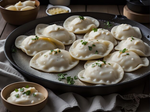 Photo capture the essence of perogies in a mouthwatering food generative ai