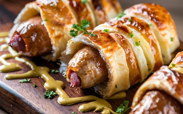 Capture the essence of Pigs in a Blanket in a mouthwatering food photography shot