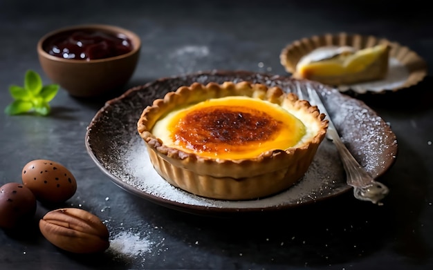 Capture the essence of Portuguese Egg Tart in a mouthwatering food photography shot