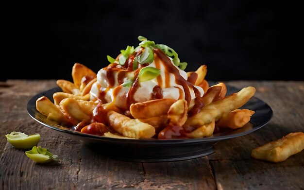 Capture the essence of Poutine in a mouthwatering food photography shot