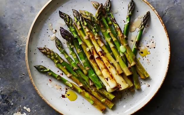 Foto cattura l'essenza degli asparagi arrostiti in un'affascinante foto di cibo