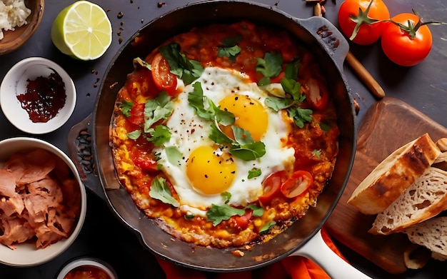 Capture the essence of shakshuka in a mouthwatering food photography shot